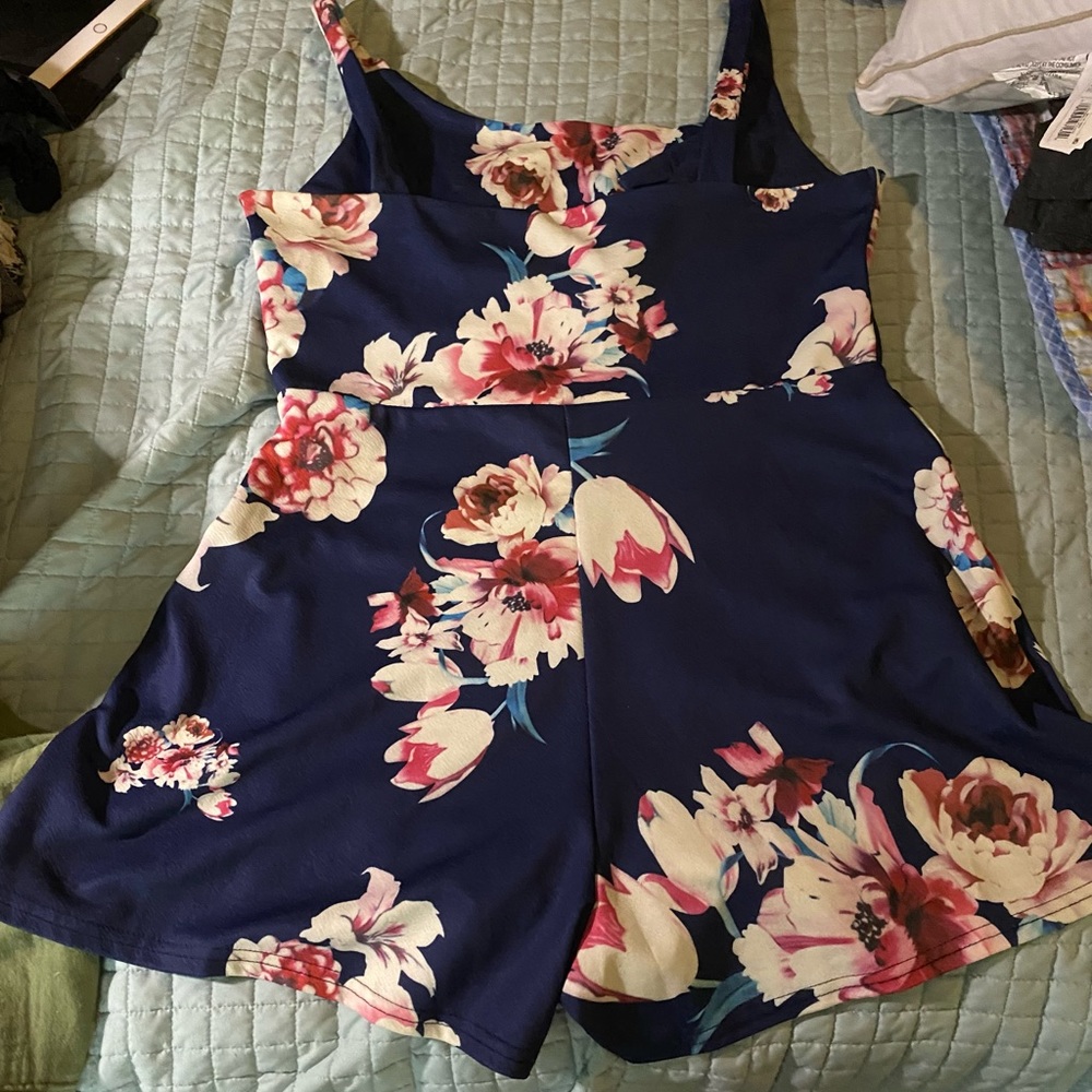 Large Navy Flowered Short Jumpsuit
